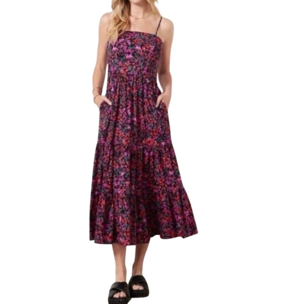Evereve Aurora Tiered Midi Dress Large Multicolor Smocked Back Adjustable Straps